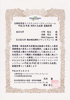 Fig.1 平成28年度“秀でた6大利用成果”最優秀賞の賞状