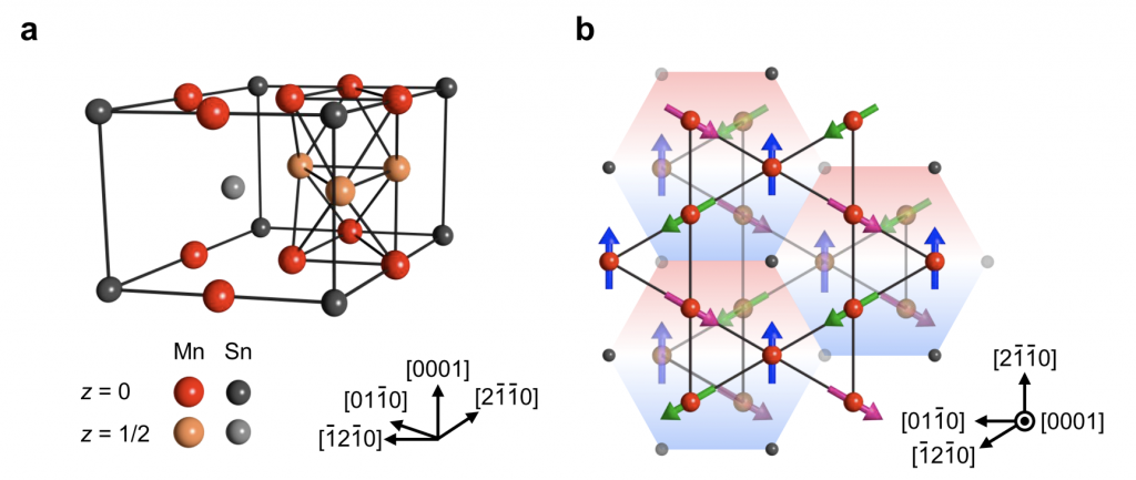 図2 反強磁性金属Mn3Snの結晶構造(a)と磁気構造(b) (a) [0001]方向に二層のカゴメ格子が積層した構造をもち、磁性原子のマンガンMnは正三角形の頂点に配置されている。 (b) Mnのスピンは各カゴメ格子の層で逆120度構造というスピン構造をとる。二層のカゴメ格子上の6つのスピンを見てみると、六角形で囲まれているように、クラスター磁気八極子と呼ばれるスピン秩序のユニットを持っていることがわかる。
