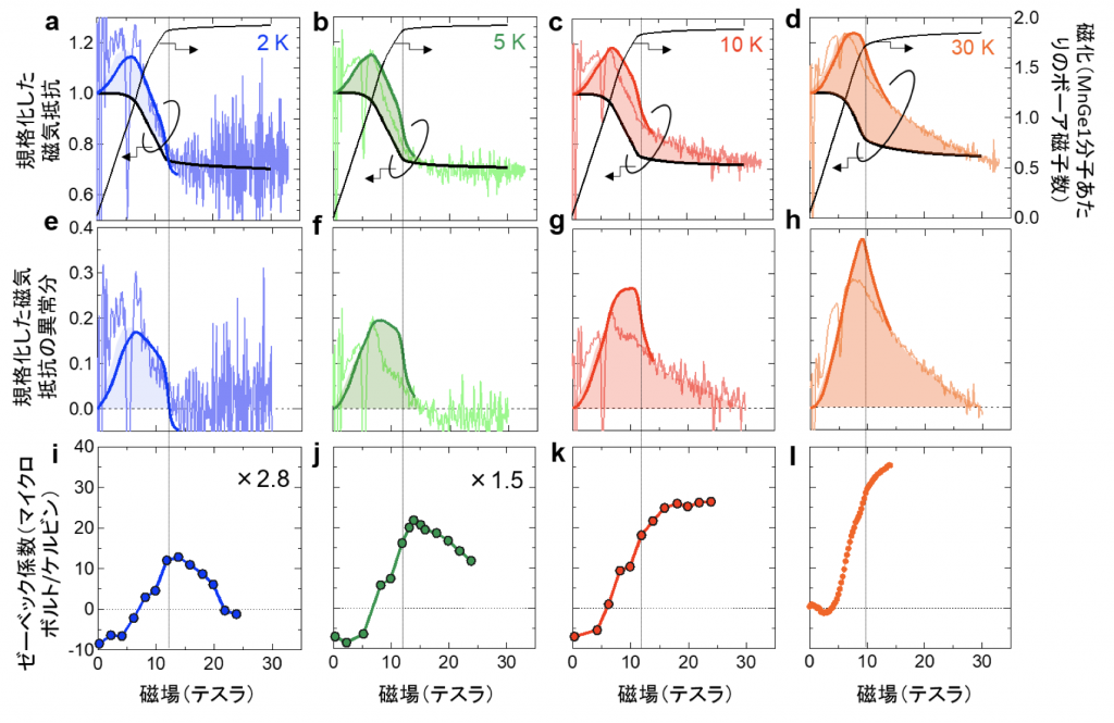 図3 磁気抵抗と熱電効果の高磁場下における強い関連性  (a-d)低温において高磁場まで測定を行った磁気抵抗（左軸）と磁化（右軸）。黒い太線はトポロジカル磁気構造体等がない通常の場合に期待される磁気抵抗を、測定した磁化を用いて算出したもの。 (e-h)MnGeの異常な磁気抵抗と通常の磁気抵抗の差分で（a-d）の色を付けた部分に対応しており、磁気モノポールの仮想磁場のゆらぎと相関をもつ。温度を上げるとより高磁場までゆらぎの影響が残る様子が捉えられた。 (i-l) 低温において高磁場まで測定を行ったゼーベック係数。磁気モノポールが対消滅を起こした後も（図の点線の位置）、ゼーベック係数がすぐには小さくならないという振る舞いが、温度を上げるにつれてより顕著になる様子を観測した。すなわち、熱電効果と(e-h)の磁気抵抗の異常分の振る舞い（仮想磁場のゆらぎ）が強い相関をもつことを明らかにした。