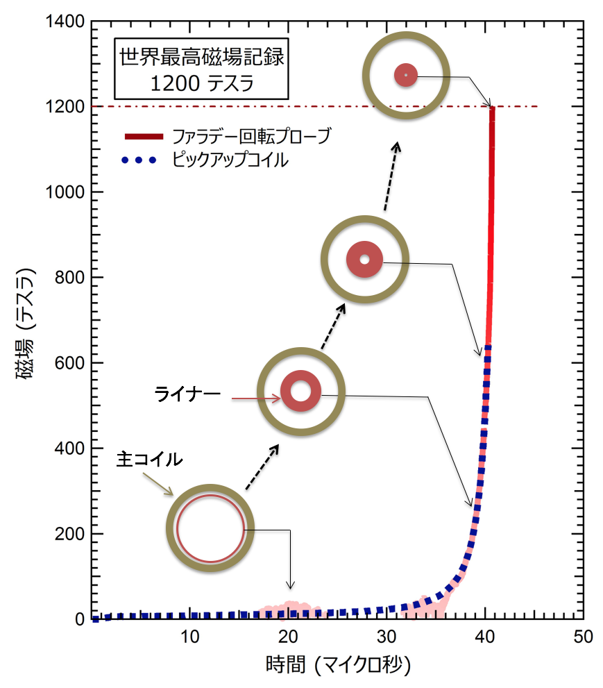 図3 発生した磁場の時間変化とライナー収縮 挿絵、内側のリングが時間とともに収縮するライナー断面の時間変化を示す。ライナーは初期磁場を閉じ込めたまま高速に収縮するため、最終的に直径1 cm程度の小さな空間に強磁場が発生する。ライナーの収縮速度は5 km/秒にも達する。 コンデンサから放電した時刻を0秒とし、コイル中心部の磁場をピックアップコイルによる電気的計測結果(破線)とファラデー回転による光学的計測結果(実線)を示す。両者がよく一致していることから計測の信頼性が裏付けられる。40.7μ秒あたりで、最高強度の1200テスラを記録した。